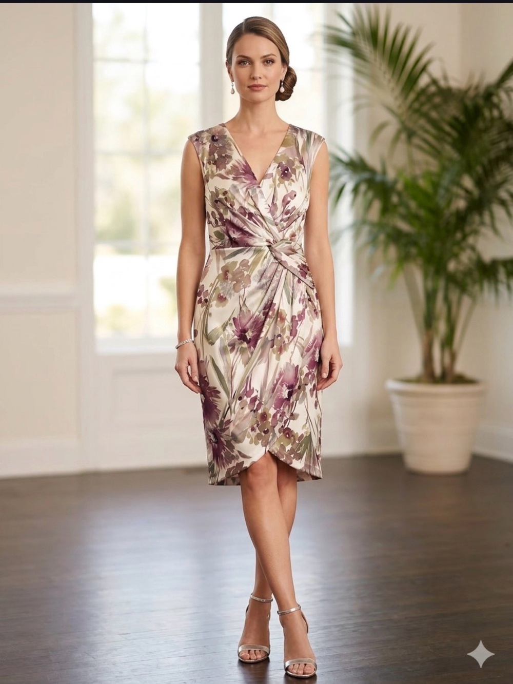 London Times Lavender and Cream Floral Twist-Front Midi Dress